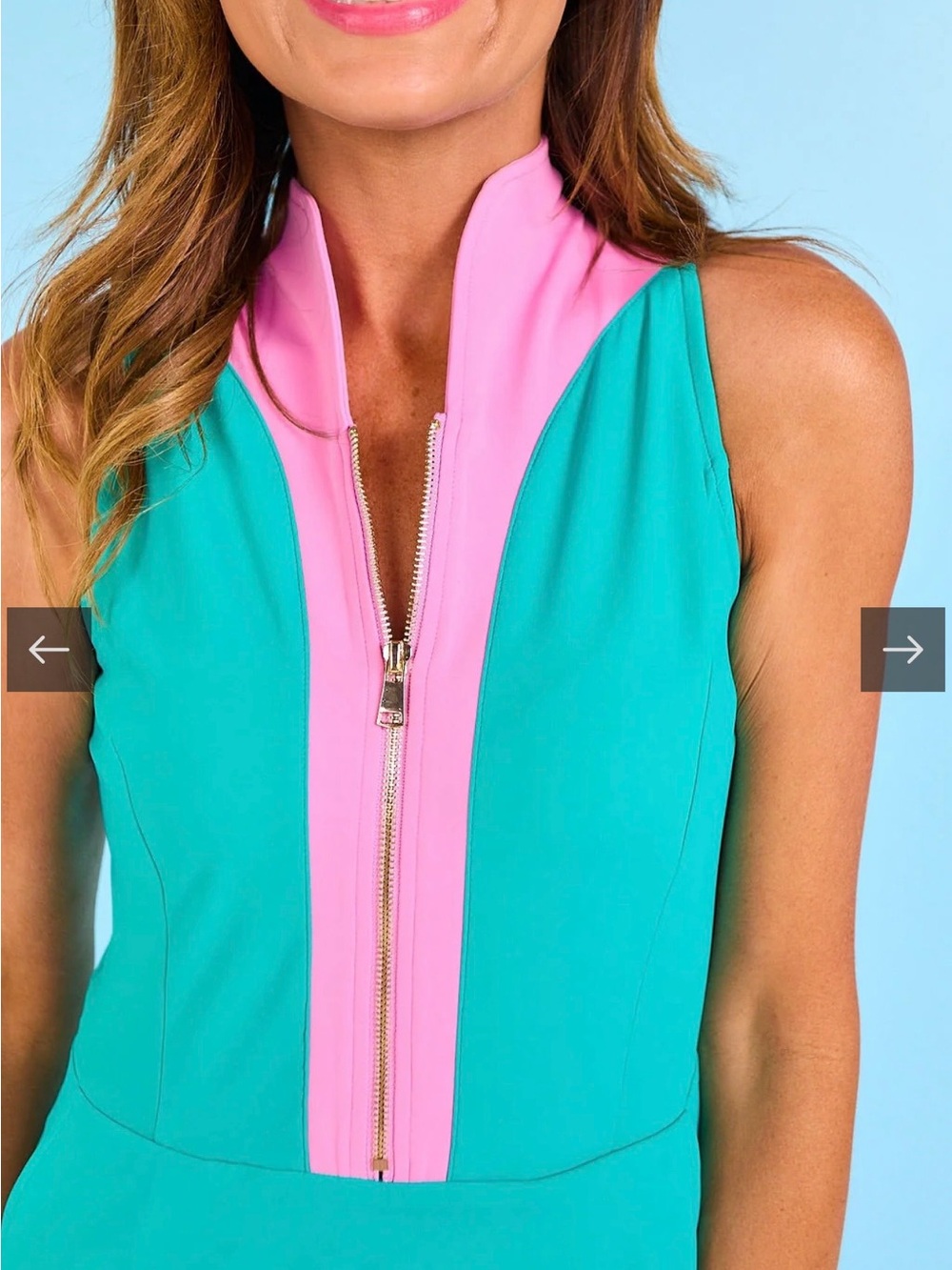 Sleeveless Aqua Mini Dress with Pink Zip-Front Detail - Picture 3 of 6